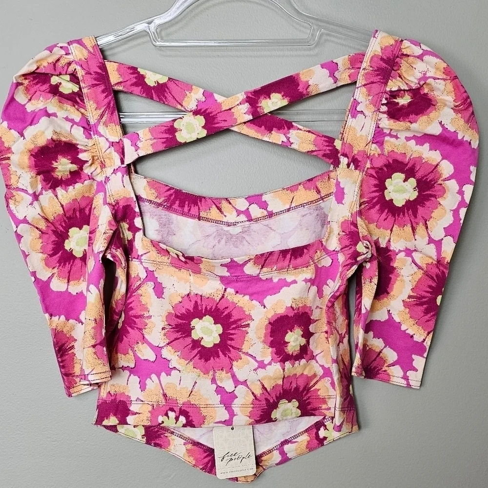 Free People Give Me More Pink Multi Floral Half Sleeve Crop Top Crisscross Back